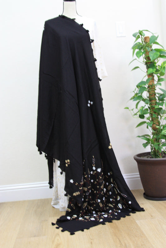 Black Dupatta with Thread Work and Cream Flowers