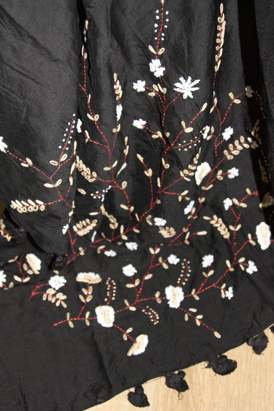 Black Dupatta with Thread Work and Cream Flowers