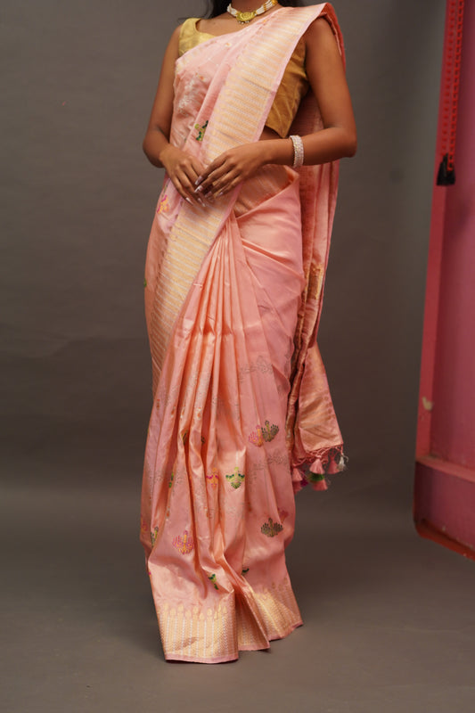 Peach Tissue Kadhuwa Jangla Half Meenakari Saree