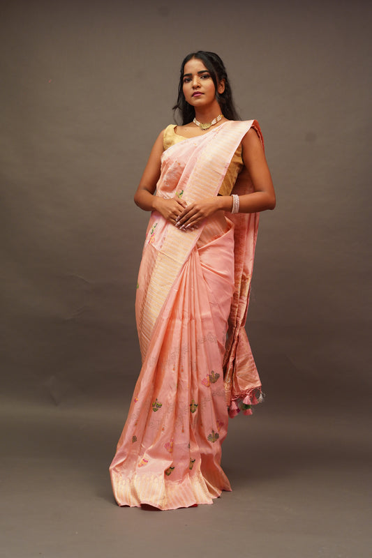 Peach Tissue Kadhuwa Jangla Half Meenakari Saree