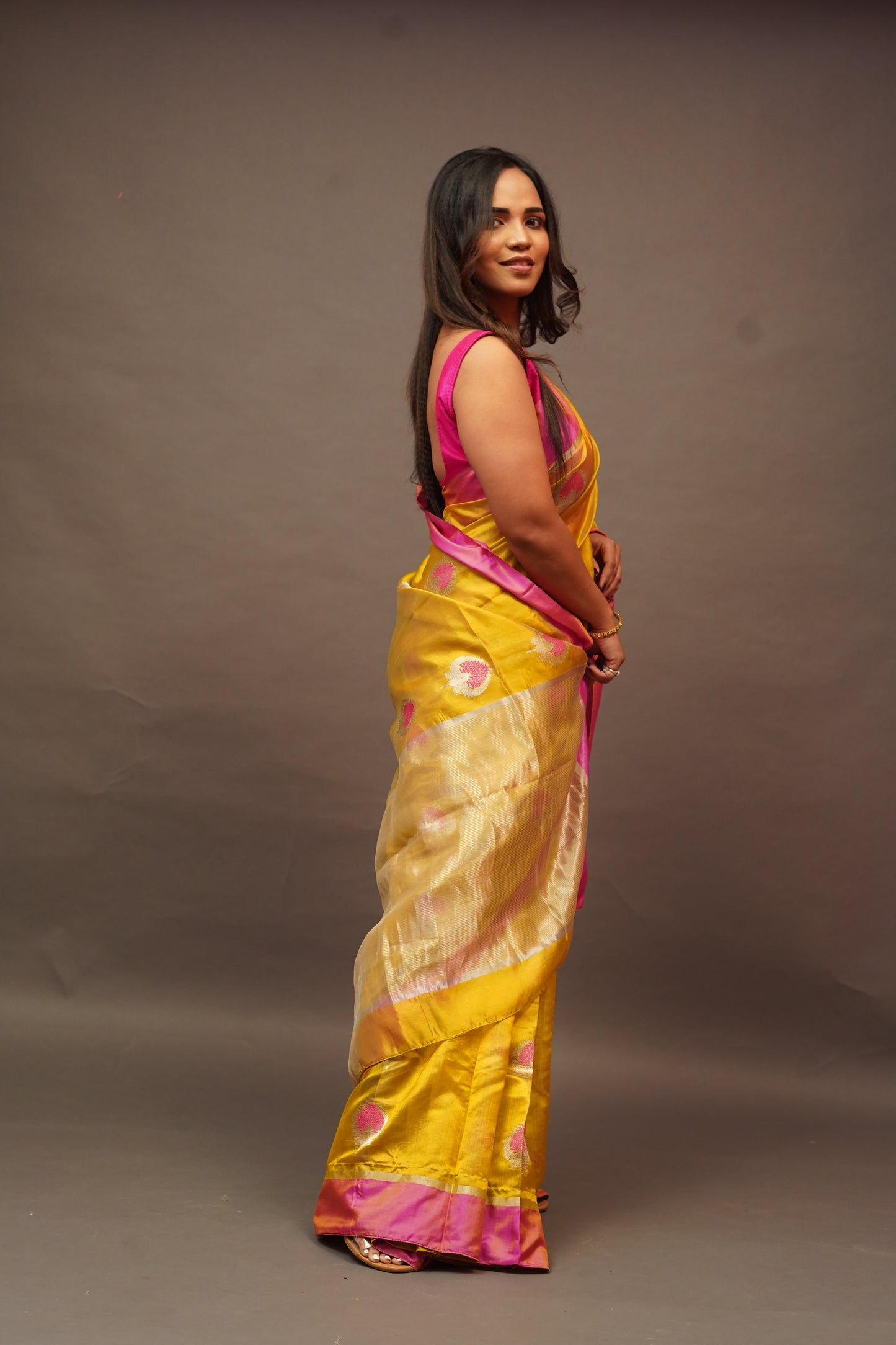 Mustard with Pink Border Saree