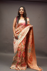 Banarasi Peach Tussar all over Tissue saree