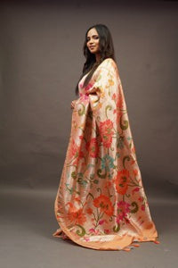 Banarasi Peach Tussar all over Tissue saree