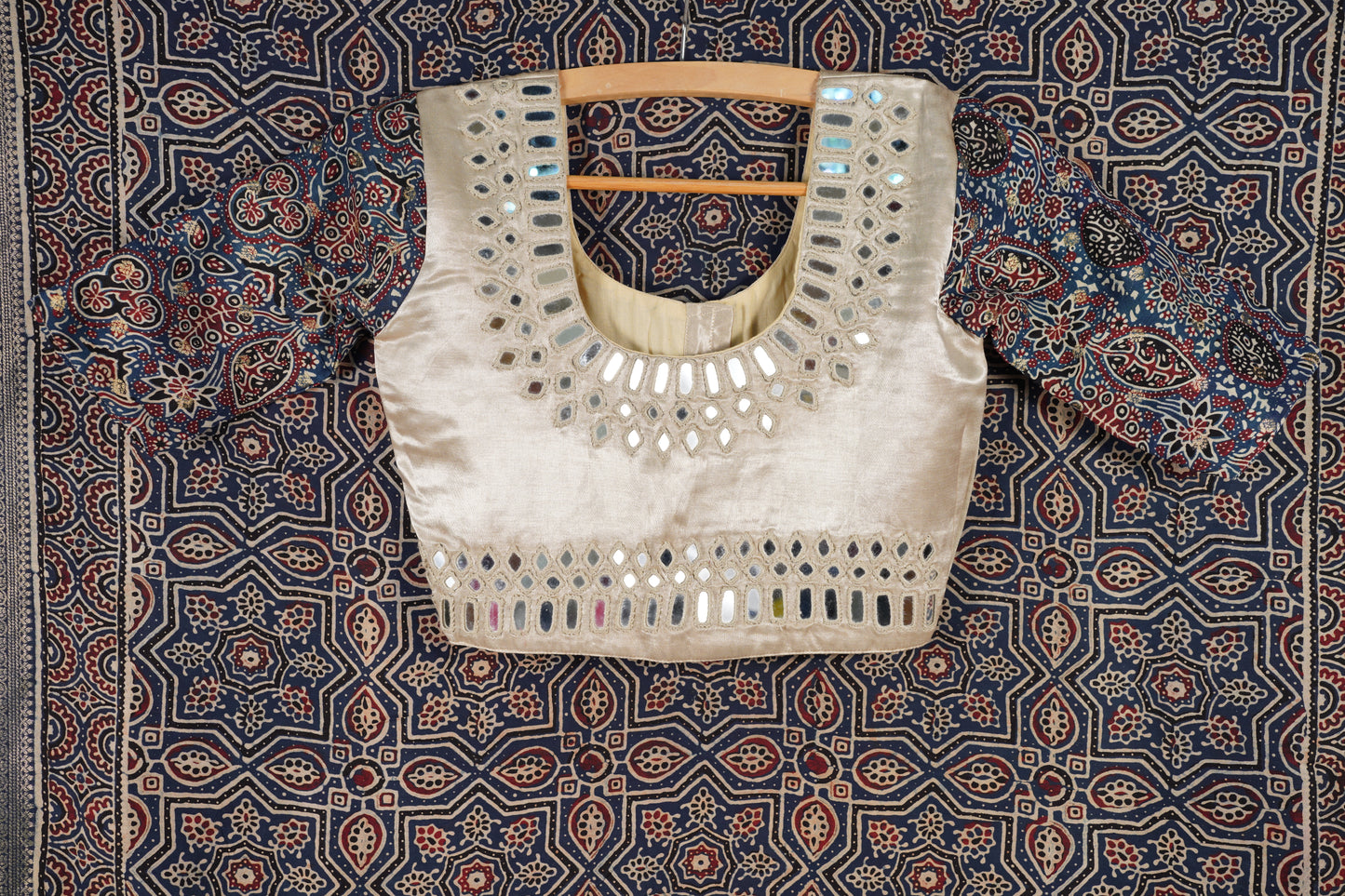 Blue All-Over Printed Ajrakh Saree with Mirror Work Blouse