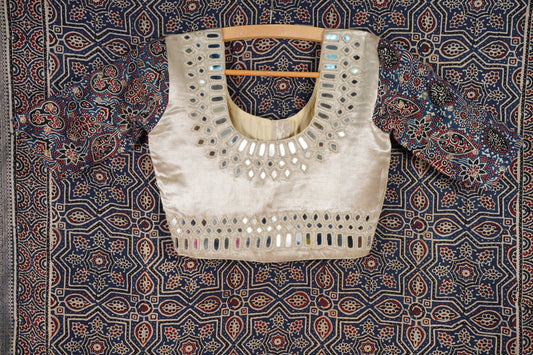 Blue All-Over Printed Ajrakh Saree with Mirror Work Blouse