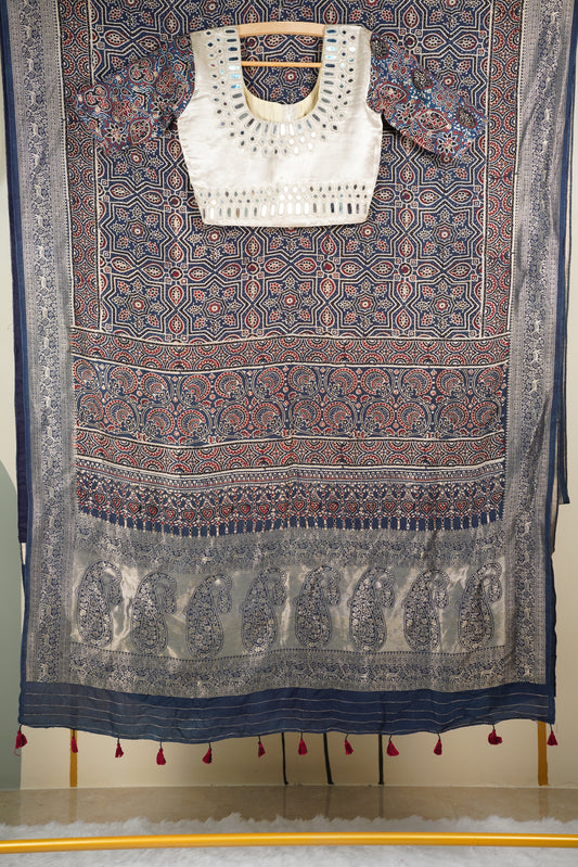 Blue All-Over Printed Ajrakh Saree with Mirror Work Blouse