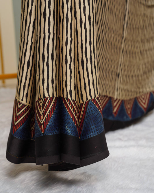 Ajrakh Saree with Mirror Work Blouse Blue & Black temple border