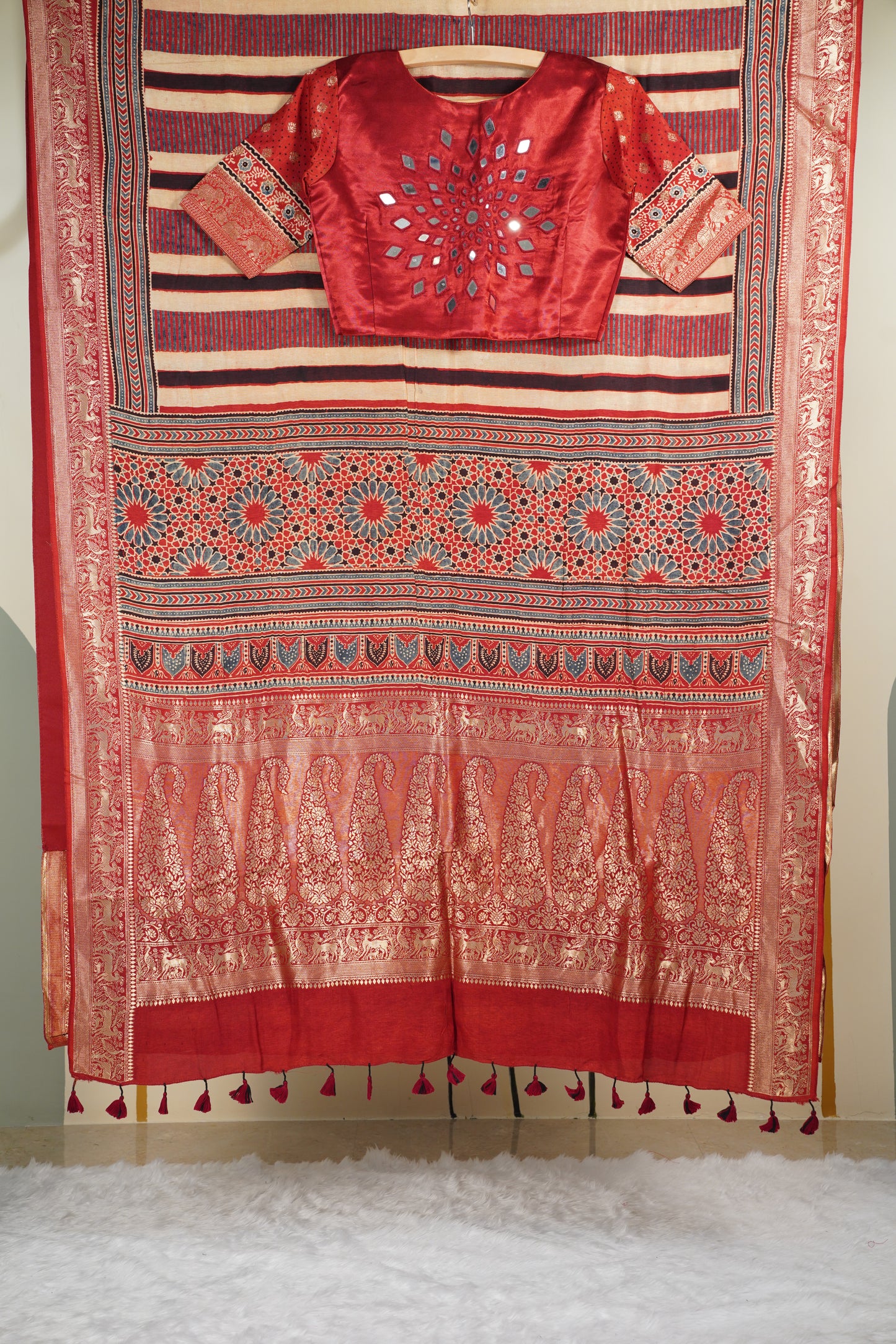 Ajrakh Red border Saree with Zari Border & Red color Mirror Work Blouse