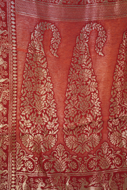 Ajrakh Red border Saree with Zari Border & Red color Mirror Work Blouse