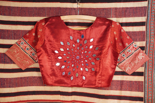 Ajrakh Red border Saree with Zari Border & Red color Mirror Work Blouse