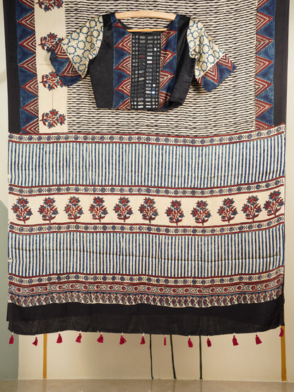 Ajrakh Saree with Mirror Work Blouse Blue & Black temple border