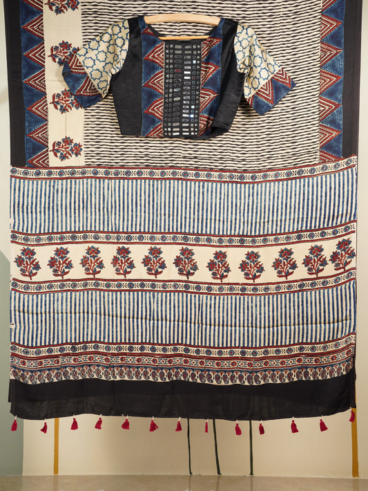 Ajrakh Saree with Mirror Work Blouse Blue & Black temple border