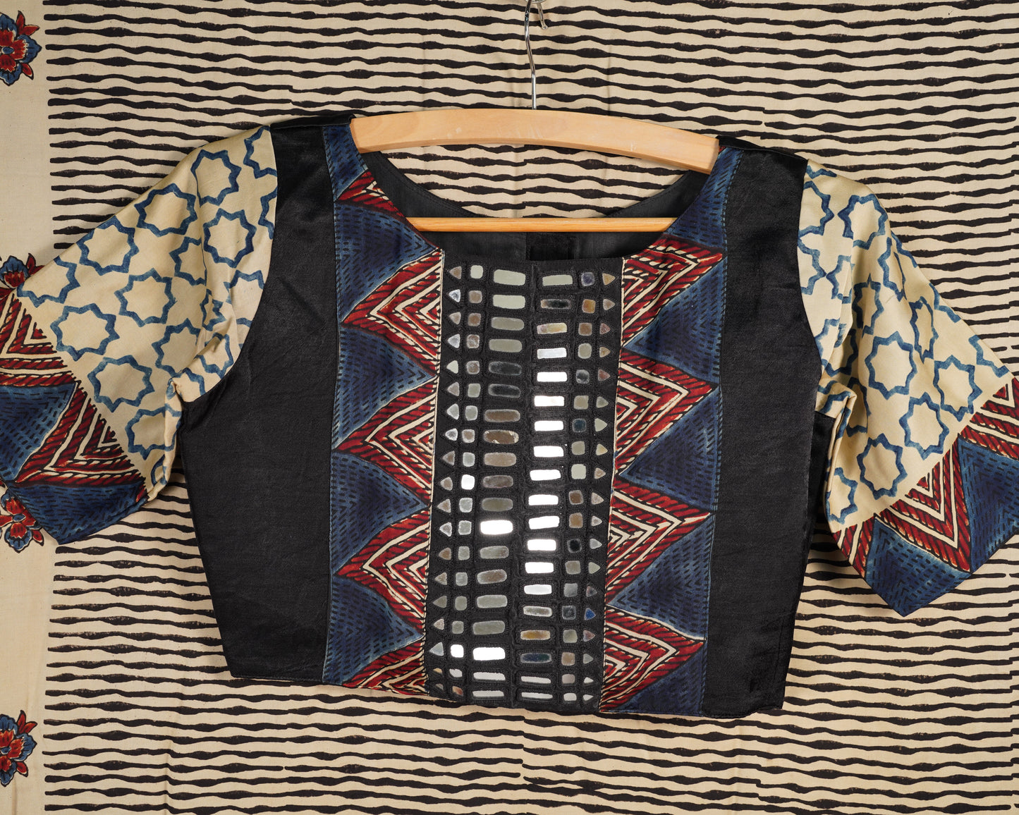 Ajrakh Saree with Mirror Work Blouse Blue & Black temple border