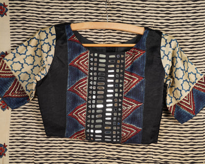 Ajrakh Saree with Mirror Work Blouse Blue & Black temple border