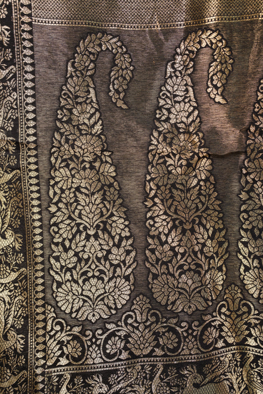 Ajrakh Black border Saree with Zari Border & Black color Mirror Work Blouse