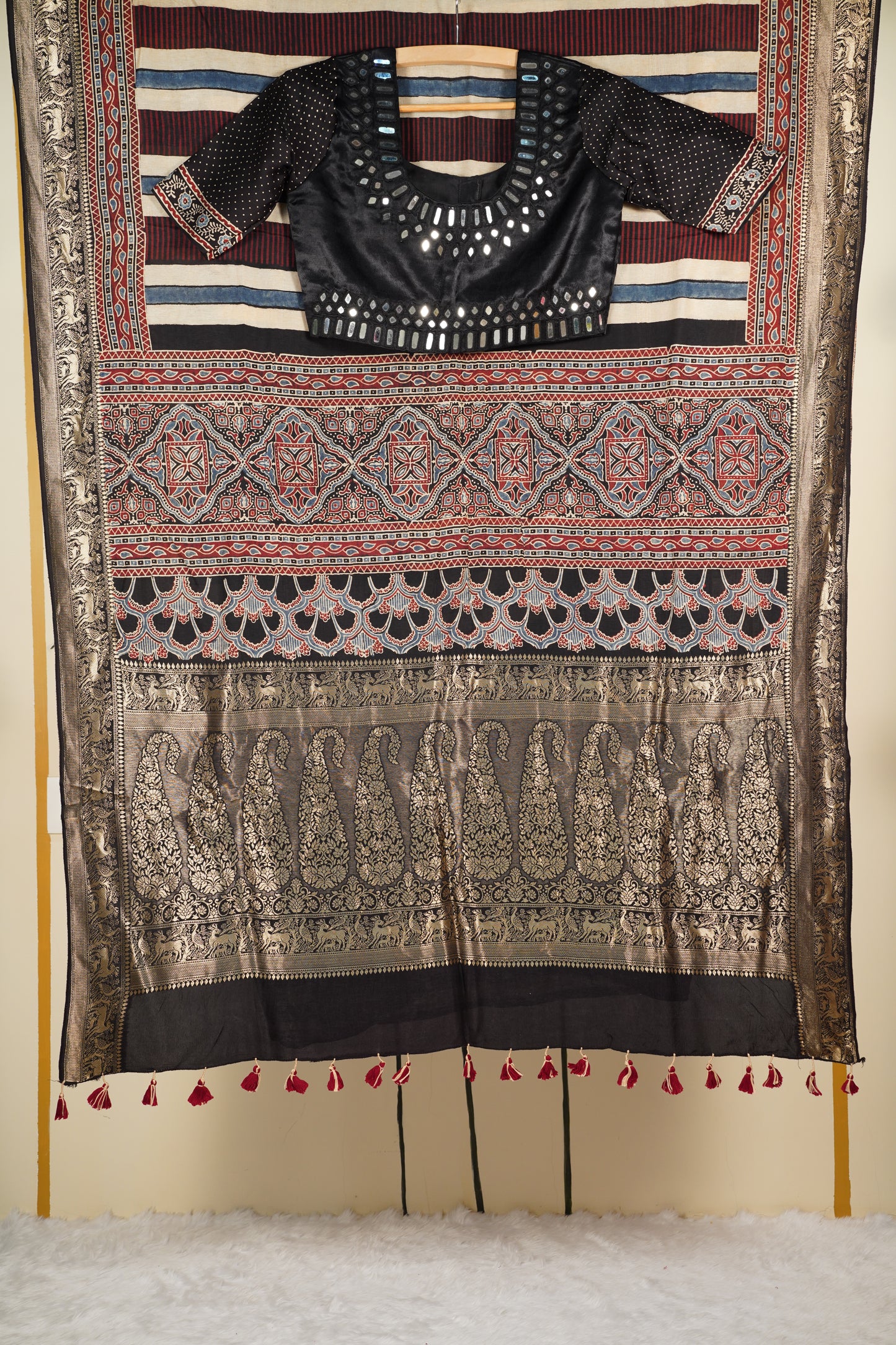 Ajrakh Black border Saree with Zari Border & Black color Mirror Work Blouse