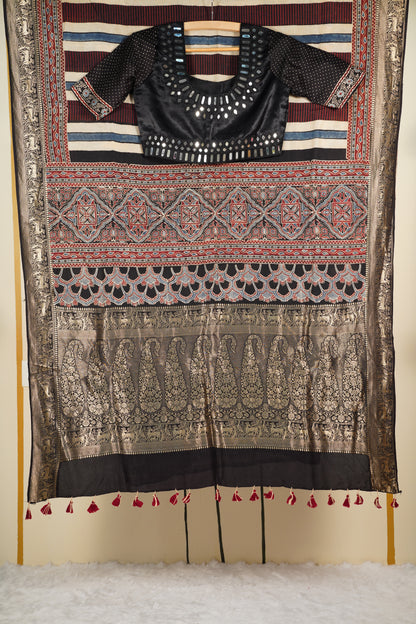 Ajrakh Black border Saree with Zari Border & Black color Mirror Work Blouse