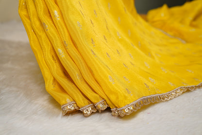 Chinnon Silk buttis saree with floral blouse-Yellow