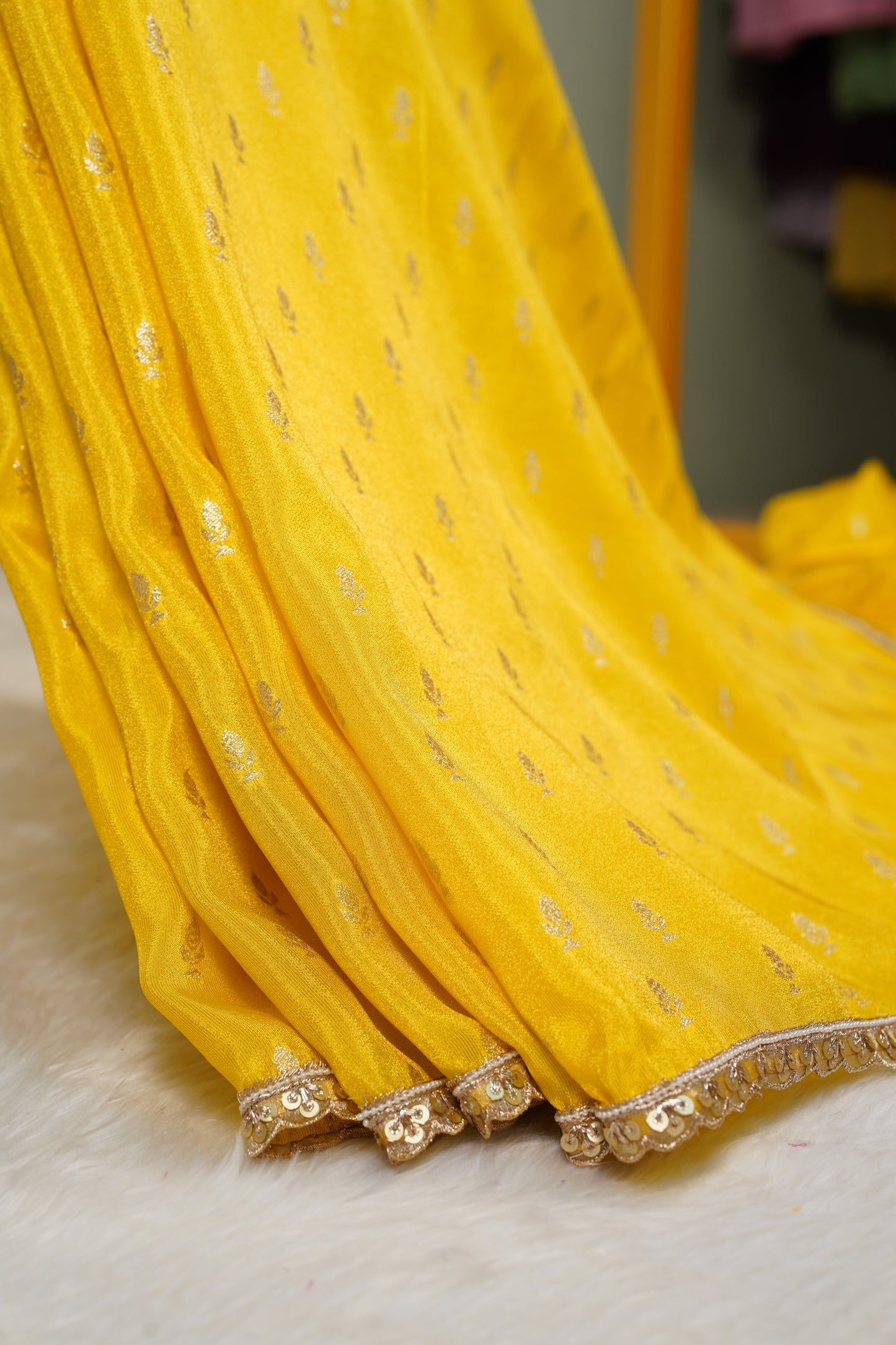 Chinnon Silk buttis saree with floral blouse-Yellow