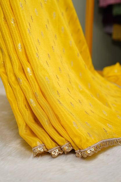 Chinnon Silk buttis saree with floral blouse-Yellow