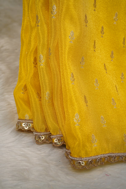 Chinnon Silk buttis saree with floral blouse-Yellow