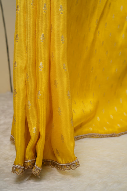 Chinnon Silk buttis saree with floral blouse-Yellow