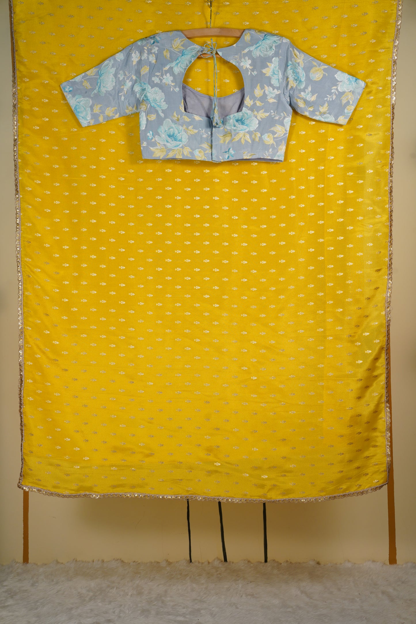 Chinnon Silk buttis saree with floral blouse-Yellow