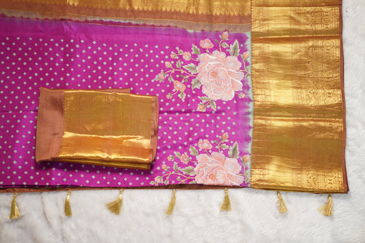 Light Purple Silk Bandhej Saree with Floral Embroidery