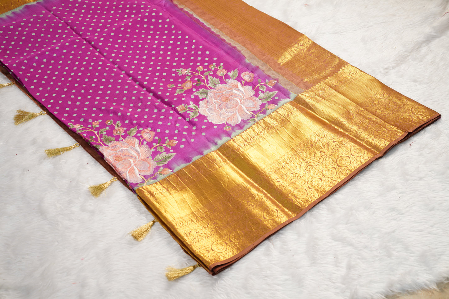 Light Purple Silk Bandhej Saree with Floral Embroidery