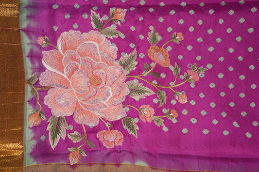 Light Purple Silk Bandhej Saree with Floral Embroidery