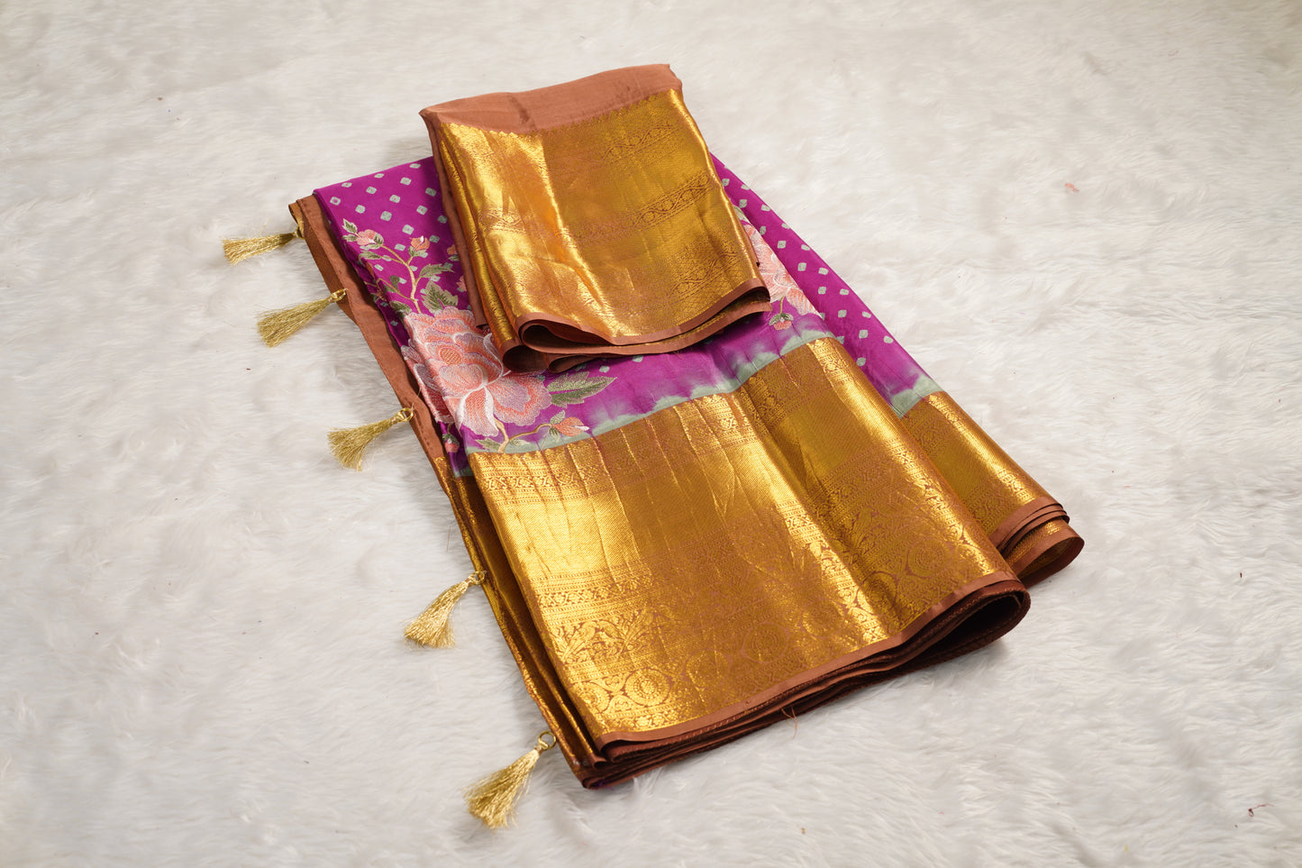 Light Purple Silk Bandhej Saree with Floral Embroidery