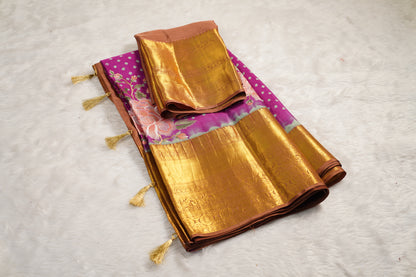 Light Purple Silk Bandhej Saree with Floral Embroidery