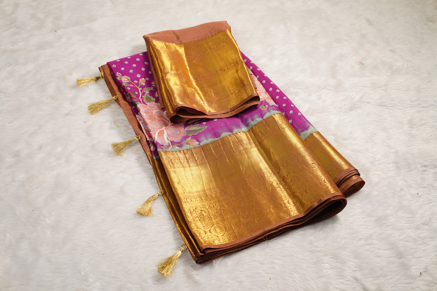 Light Purple Silk Bandhej Saree with Floral Embroidery