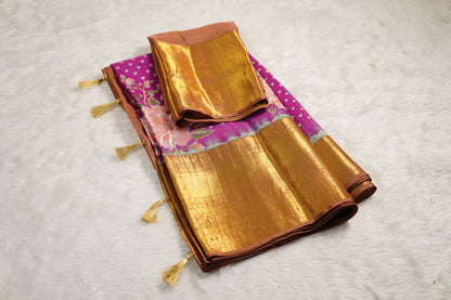Light Purple Silk Bandhej Saree with Floral Embroidery