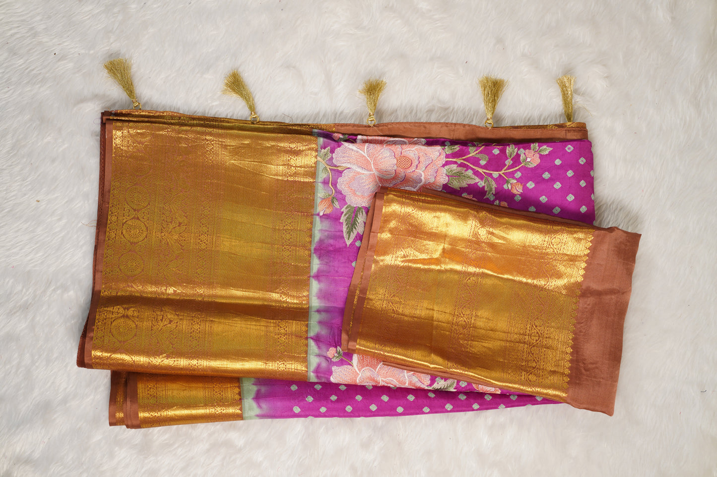 Light Purple Silk Bandhej Saree with Floral Embroidery