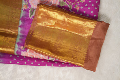 Light Purple Silk Bandhej Saree with Floral Embroidery