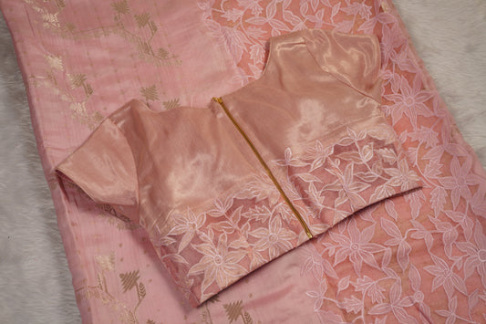 Tussar tissue Saree with a Self-Embroidery Border- Light Pink