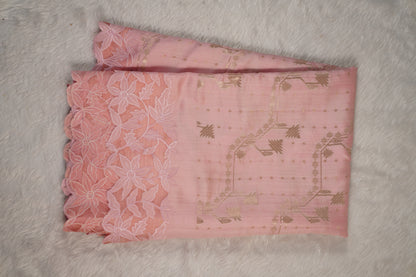 Tussar tissue Saree with a Self-Embroidery Border- Light Pink