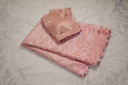 Tussar tissue Saree with a Self-Embroidery Border- Light Pink