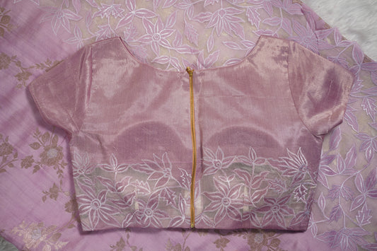 Tussar tissue Saree with a Self-Embroidery Border- Lavender