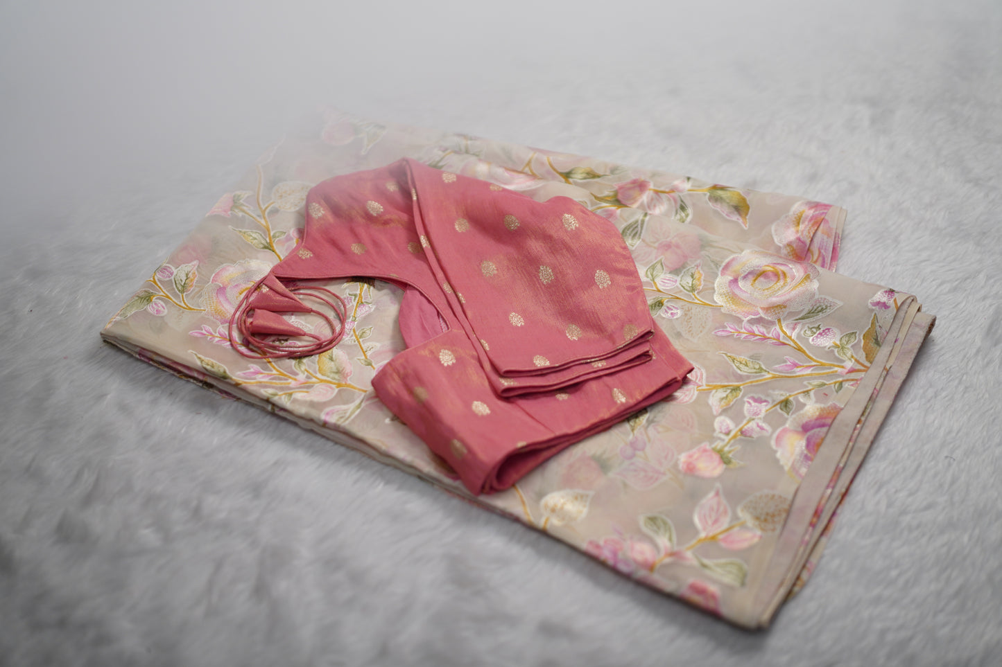 Floral Chinnon saree with butti blouse-Lavender
