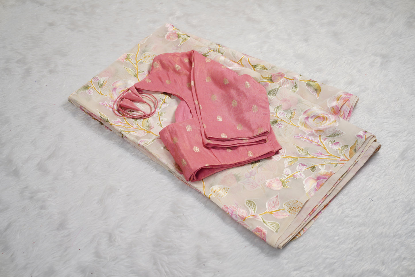 Floral Chinnon saree with butti blouse-Lavender