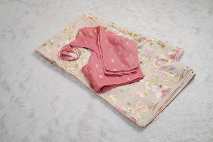 Floral Chinnon saree with butti blouse-Lavender