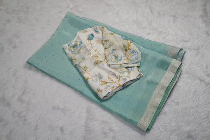 Chinnon Silk with mukesh work and floral blouse-Light Blue