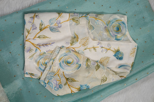 Chinnon Silk with mukesh work and floral blouse-Light Blue