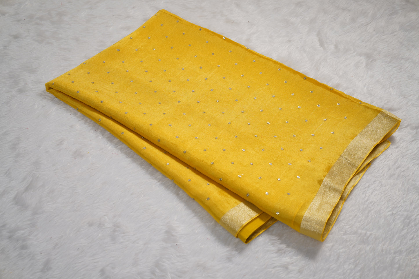 Chinnon Silk with mukesh work and floral blouse-Yellow
