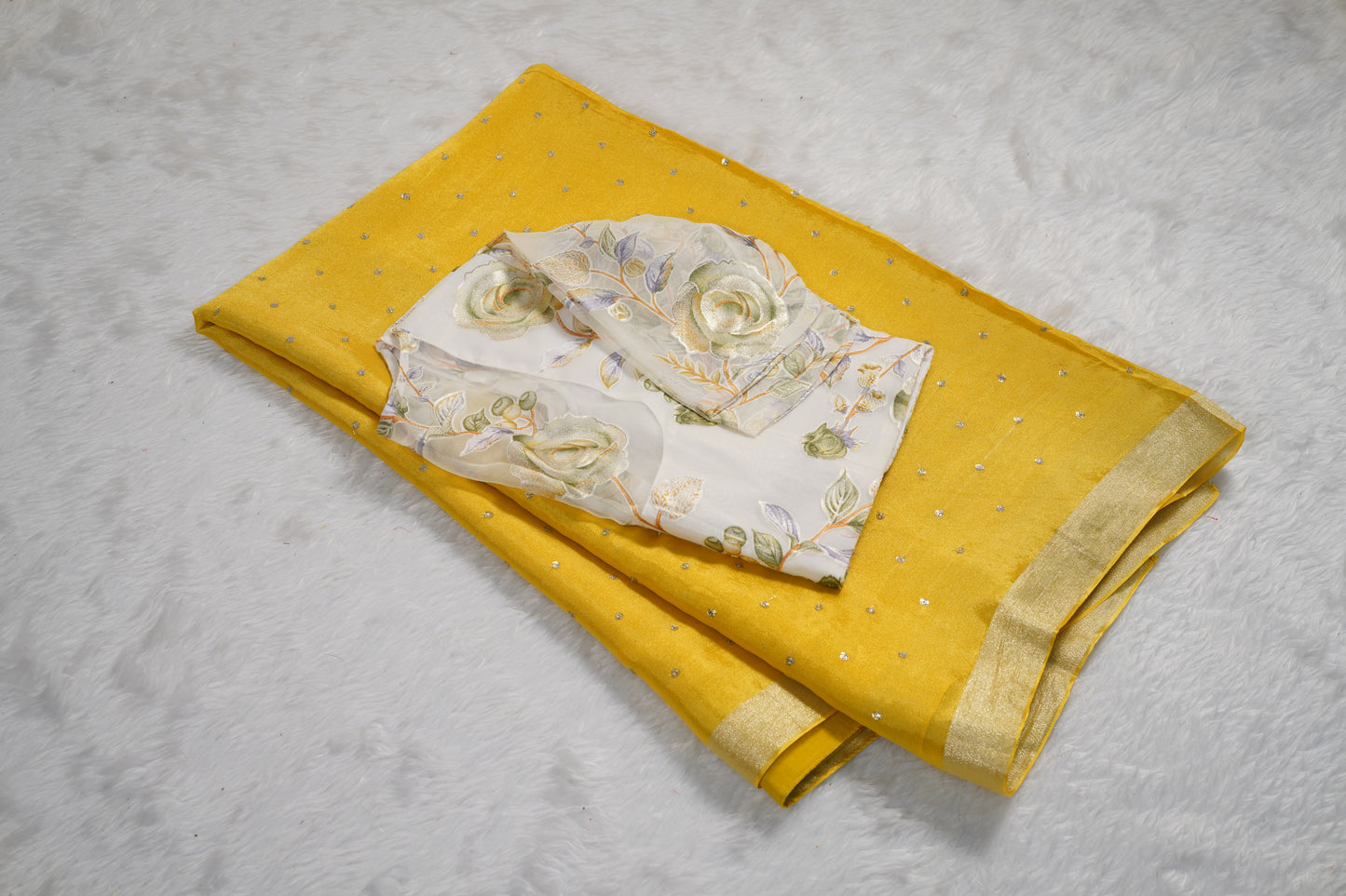 Chinnon Silk with mukesh work and floral blouse-Yellow