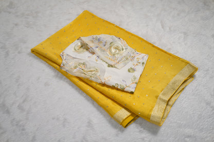 Chinnon Silk with mukesh work and floral blouse-Yellow