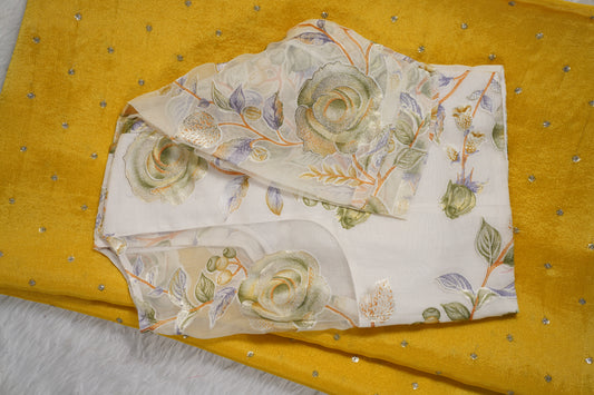 Chinnon Silk with mukesh work and floral blouse-Yellow