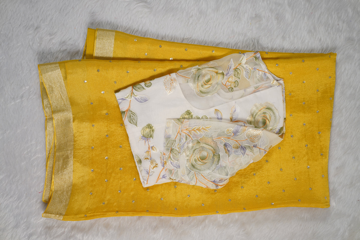 Chinnon Silk with mukesh work and floral blouse-Yellow